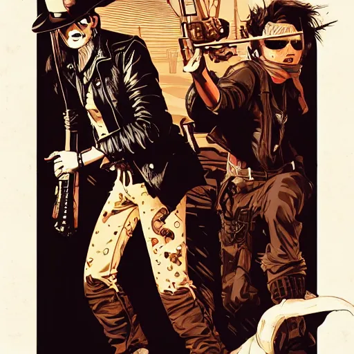 Prompt: a comic noir illustration of a wild western woman hunting in a post - apocalyptic desert, mad max, by queens of the stone age, by sachin teng, by tristan eaton, by victo ngai, artgerm, rhads, ross draws, 8 k, hyperrealistic, high contrast, dark vibes, pastel lighting, depth of field