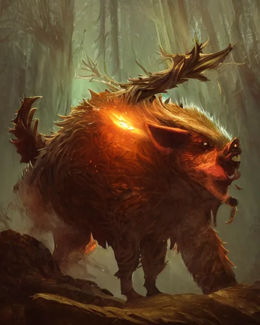 Image similar to Hog Shapeshifter Druid Mage, D&D, artstation, fantasy, magic the gathering artwork, cinematic lighting, centered, symmetrical, highly detailed, digital painting, , concept art, smooth, sharp focus, illustration, volumetric lighting, epic Composition, 8k, art by Akihiko Yoshida and Greg Rutkowski and Craig Mullins, oil painting, cgsociety