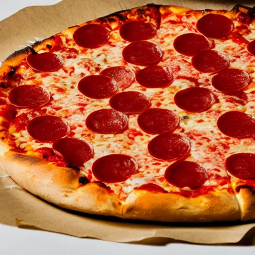 Prompt: a closeup shot of pepperoni new york pizza on a white paper plate, in some cheap new york city pizza joint, commercial photography