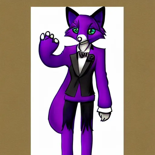 Image similar to colored pencil sketch of an anthropomorphic male purple fox furry fursona in a tuxedo with medium length black hair, handsome eyes, trending on artstation, furaffinity, posing with hands in pocket