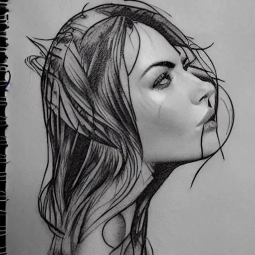 Image similar to double exposure tattoo sketch of megan fox with beautiful mountain scenery, hyper - realistic, in the style of den yakovelev, amazing detail, sharp