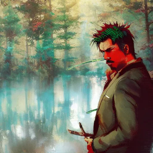 Image similar to stoic young man with red tipped green hair wearing a cream suit shedding a single tear standing before a lake in an autumnal forest holding a halberd shaped like a carnation, oil painting by jeremy mann and yoji shinkawa