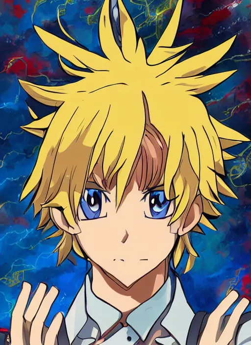 Prompt: An epic fantasy pokemon anime style portrait painting of a young blonde boy thief, vibrant colours