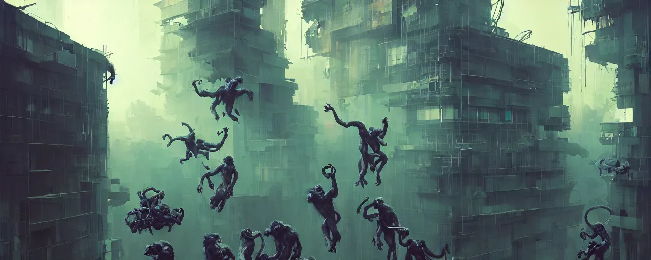 Image similar to duotone noir concept illustration of group wild and crazy apes ruining innside of office rooms, octane render, concept hideo kojima surreal atmosphere, volumentric lighting. cosmic horror. accidental renaissance. by sachin teng and sergey kolesov and ruan jia and heng z. graffiti art, scifi, fantasy, hyper detailed. trending on artstation