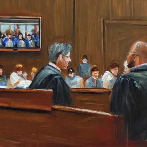 Prompt: oil painting depiction of rodents in a courtroom putting the last human on trial