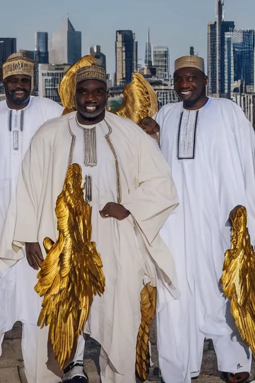 Image similar to nigerian men with white robes and golden angels wings in front of a city skyline