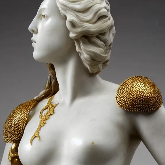 Prompt: a white art nouveau marble and gold head and torso sculpture of a worried young scarlett johansson as joan of arc with long, flowing hair, wearing intricate gold plate armor on her chest, delicate, intricate, smooth, beautiful, by charles van der stappen