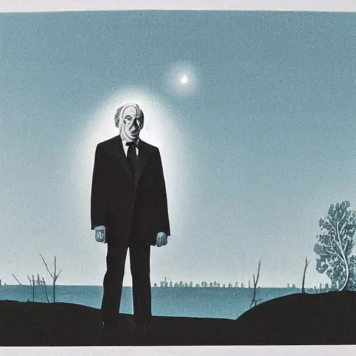 Prompt: angus scrimm as the tall man standing by a lake at night, highly detailed, spooky, scary