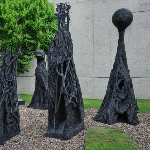 Prompt: a sculpture garden designed by hr giger