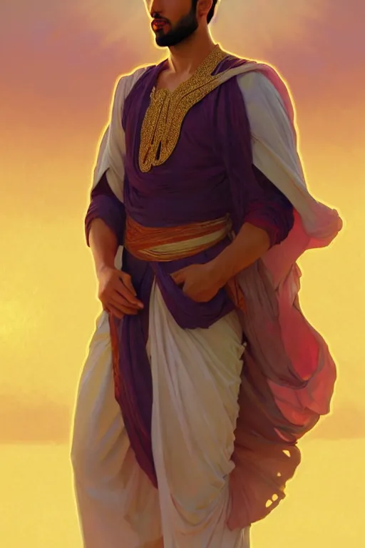 Image similar to full figure beautiful young fit arabic man, dressed with multicolored fluent clothes, luminous scene, by greg rutkowski and alphonse mucha, d & d character, gradient white to gold, in front of a dune desert background, highly detailed portrait, digital painting, artstation, concept art, smooth, sharp focus illustration, artstation hq