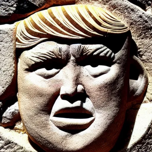 Prompt: stone carving of Donald Trump. ancient cave markings. 8000 years old.