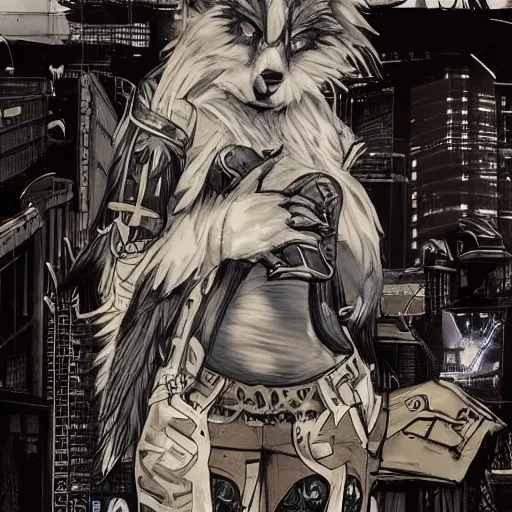 Image similar to beautiful furry art portrait commission of a furry anthro wolf fursona wearing punk clothes in the streets of a cyberpunk city. character design by charlie bowater, ross tran, rick griffin, miles df, detailed, inked, western comic book art