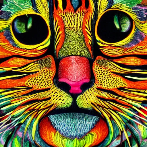 Image similar to colourful green man as a cat face by louis wain and william morris, extreme closeup, 8 k, artstation