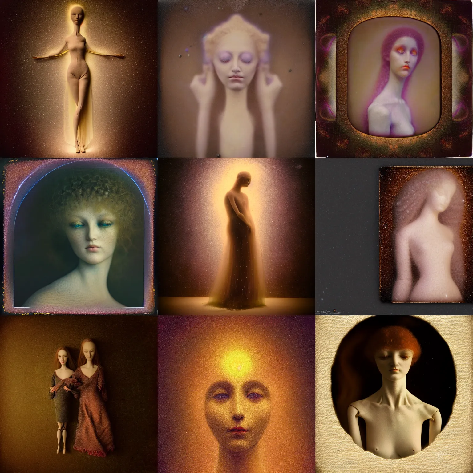 Prompt: kirlian photography photo portrait of a beautiful female jointed art doll, holding each other, polaroid photo, by agostino arrivabene, by fernand khnopff, by rembrandt, rendered in octane, photography, photorealistic, crying