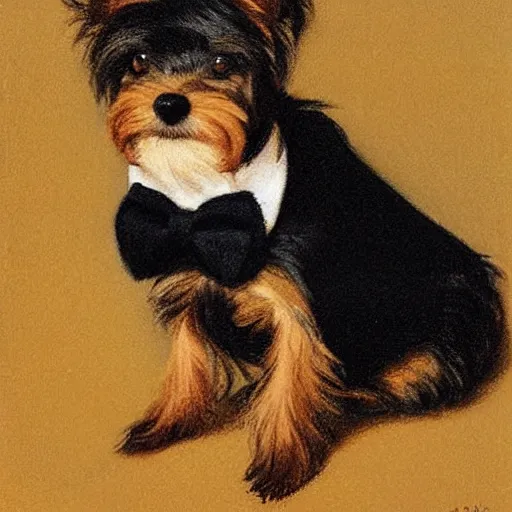 Image similar to a Yorkshire terrier on a boat wearing a black bow tie, extremely detailed masterpiece, illustration, by Michael Sowa,