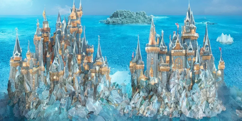 Prompt: a large fantasy castle made out of crystals standing in the middle of the sea,beautiful scenery,4k,high quality