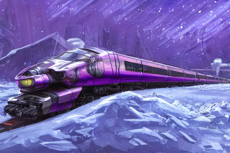 Image similar to willy wonka's grand intricate futuristic purple colorful bullet train, post - apocalyptic ice landscape in snowstorm, concept art, artstation, highly detailed, digital art