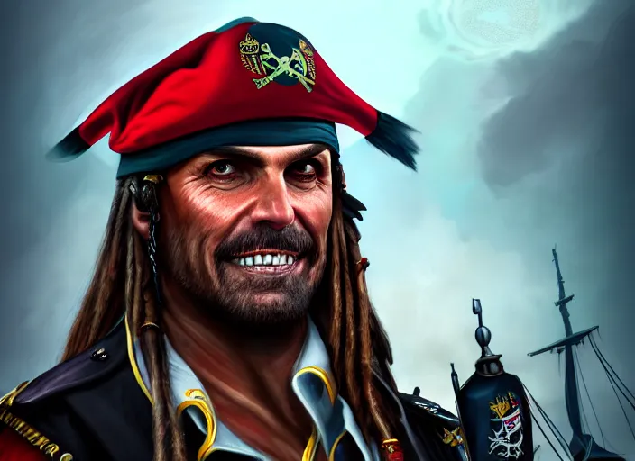 Image similar to highly detailed portrait of jair bolsonaro as a dread pirate captain, proudly posing at the helm of his frigate wearing a pirate hat, artstation, cinematic lighting, hyperdetailed, cgsociety, 8k, high resolution, insanely detailed and intricate