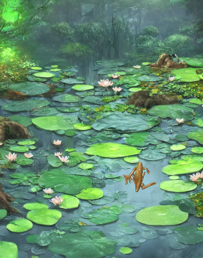 Image similar to frog on a lilypad in a koi fish pond in the forest, environment concept art, daytime ethereal anime, high detail Impressionist style, dreamy light color palette, style of studio ghibli and moebius, concept art stunning atmosphere, trending on artstation, volumetric light