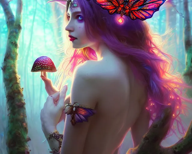 Prompt: stunningly beautiful female faerie priestess in amanita muscaria forest landscape, symmetrical wings on back, symmetrical face, stunning eyes, neon hair, fantasy art, dark light night, sharp focus, digital painting, 4 k, concept art, art by wlop, artgerm, greg rutkowski and alphonse mucha