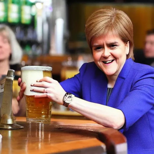 Prompt: Nicola Sturgeon drinking a pint of beer