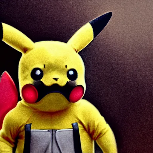 Prompt: close up of pikachu wearing gimp suit, cinematographic shot, by daniel f. gerhartz