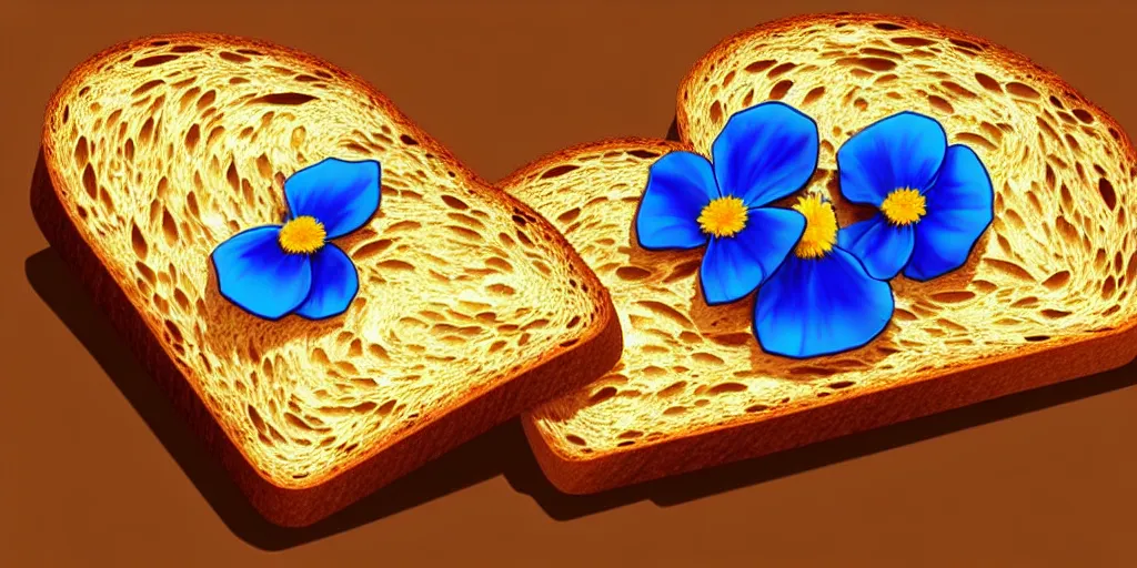 Prompt: epic professional digital art of a bread toast!!! wearing 👓!!!! and a blue flower!!!!, best on artstation, cgsociety, much detail, much wow, masterpiece