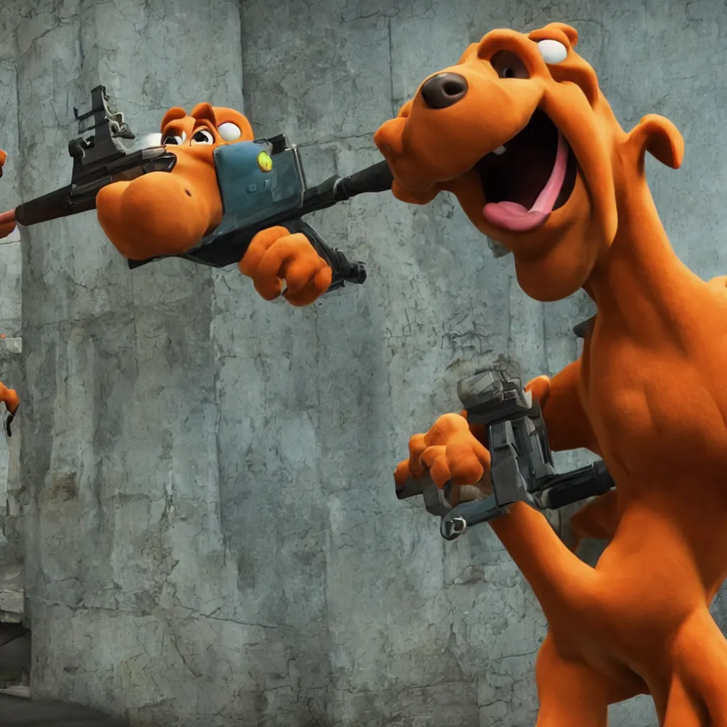 Prompt: scooby doo holding a shotgun in his mouth, unreal engine, 4 k, ray - tracing,