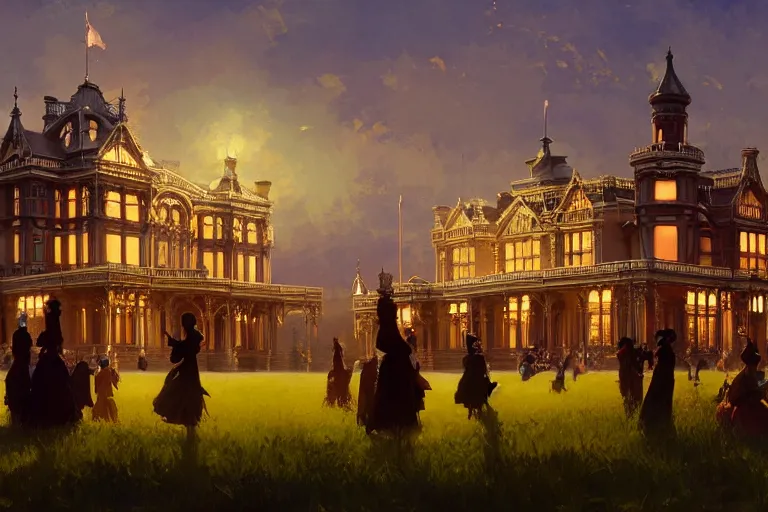 Image similar to an ornate victorian palace, party in front, scene in an open field. 1 8 9 0, key visual, conceptart, ambient lighting, highly detailed, digital painting, artstation, concept art, sharp focus, by makoto shinkai and akihiko yoshida and greg manchess