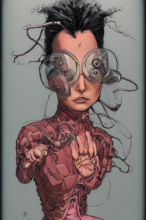 Prompt: zoom out portrait of mad lady scientist, stylized illustration by katsuhiro otomo, brom, moebius concept art, anime, colorful comics style,