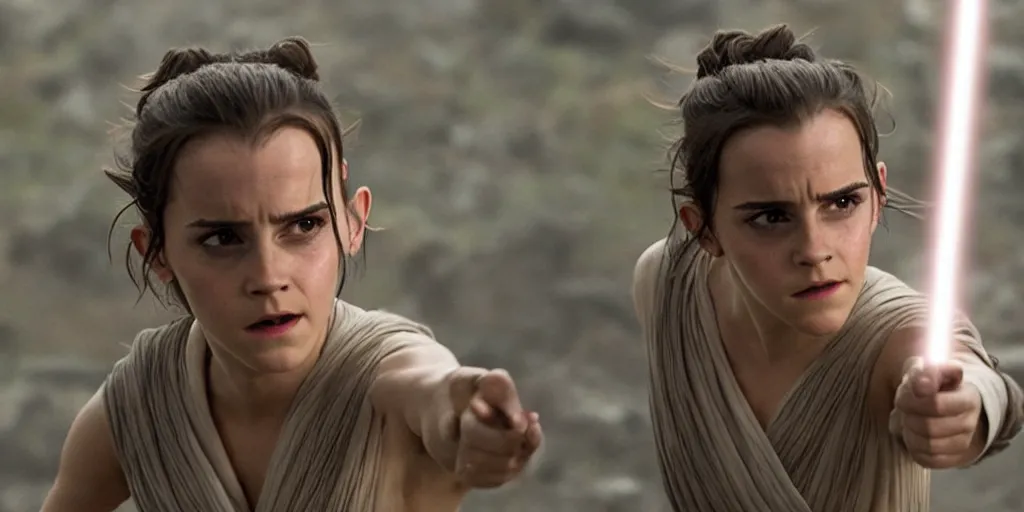 Image similar to emma watson as rey in the new star wars movie, cinematic, detailed, lens flare