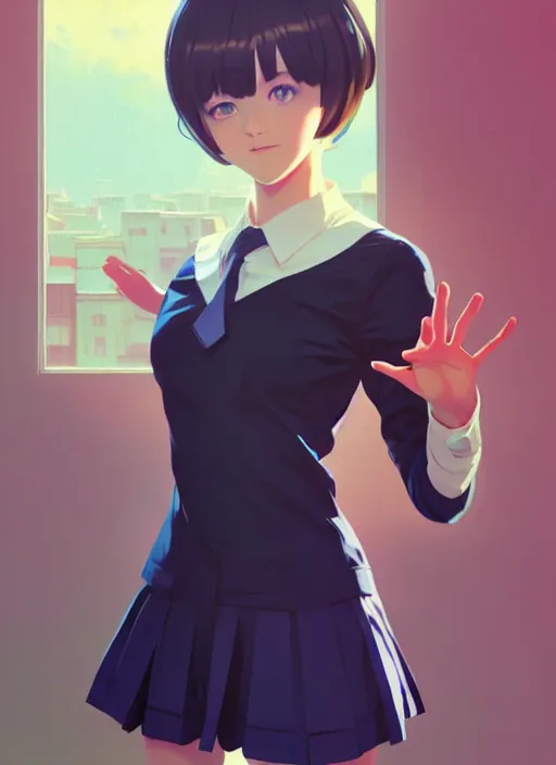 Prompt: full body beautiful and cute and aesthetic school girl greeting, very slightly smiling, wave a hand at the camera, perfect face, symmetric eyes, sharp focus, specular reflection, occlusion shadow, artstation, by ilya kuvshinov and jeremy lipking, light novel cover art, 3 d epic illustrations, symmetric body, model pose