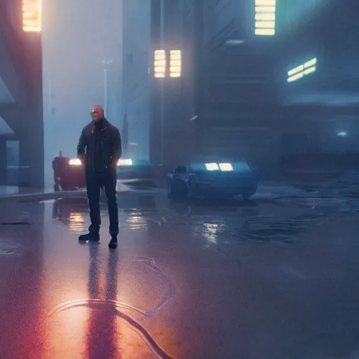 Prompt: epic cinematic film still of dwayne johnson in blade runner 2 0 4 9, intricate artwork by tooth wu and wlop and beeple, octane render, hyper realism, 8 k