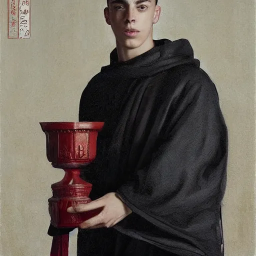 Image similar to attractive kai havertz wearing monk robes holding candlestick. natural lighting by ruan jia, portrait