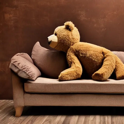 Image similar to a teddy bear with very! very long!!!! legs on a formal couch, 4 k photo