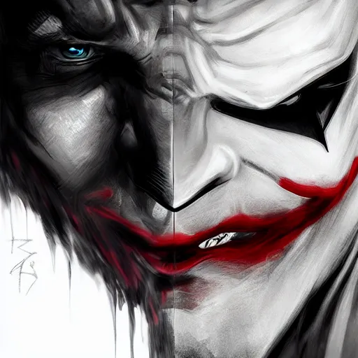 Image similar to half batman half joker face, digital painting, amazing detail, artstation, cgsociety, photorealistic