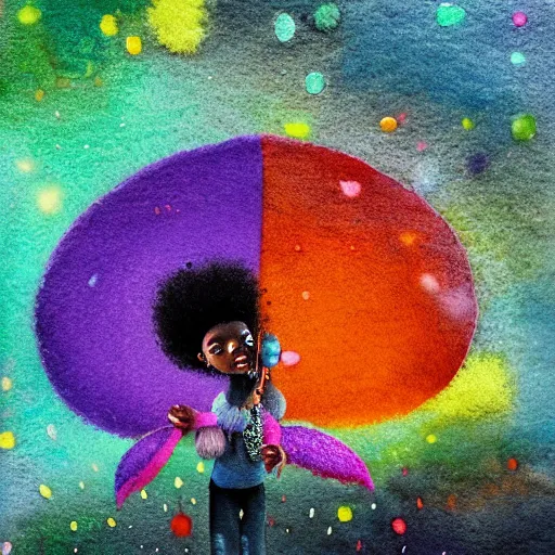 Image similar to a black girl with a colorful afro and big colorful eyes playing in the rain, bright colours, bokeh!! watercolor, volumetric wool felting, macro photography, children illustration, by goro fujita