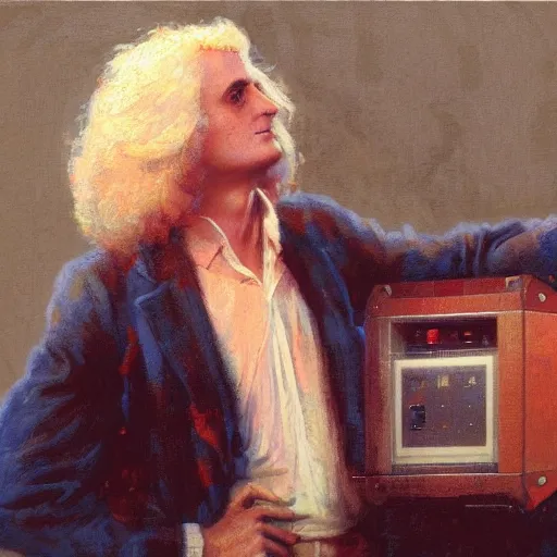 Prompt: portrait of isaac newton holding a 1 9 8 5's computer case, artwork by gaston bussiere, craig mullins, trending on artstation