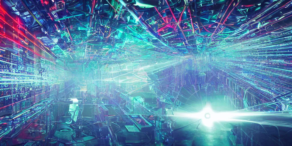 Image similar to wet complex, colored lasers, robots, circuits, smoke, god rays, wires, wet metal reflections, mirrors, infinite, close up, glowing wires, wet, ultra detailed, group of robots