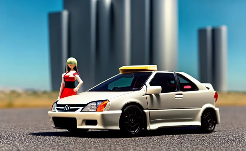 Image similar to photograph of a cell-shaded Honda EK9 Type-R with an anime girl, on a desert road with a futuristic city in the horizon, one point perspective, 1-point perspective, tilt shift, sigma 85mm f/1.4, 4k, depth of field, high resolution, 4k, 8k, hd, full color