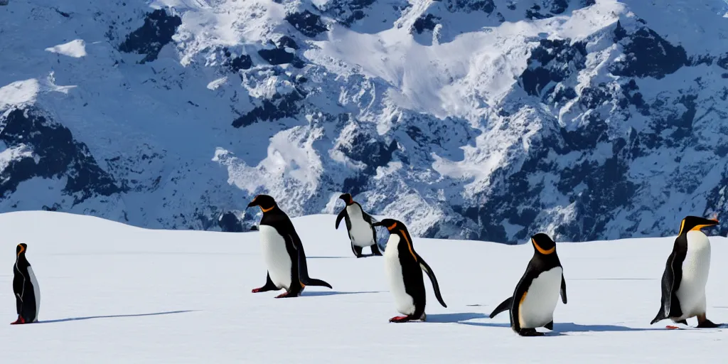 Prompt: ultrawide angle photograph of three penguins doing tricks on snowboards, 8 k