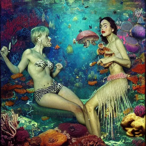 Image similar to a beautiful underwater portrait of two lovers surrounded by smoke mushrooms and coral reefs and crystals and plants, painting part by wojciech siudmak, part by ilya repin, part by max ernst, part by norman rockwell, artstation