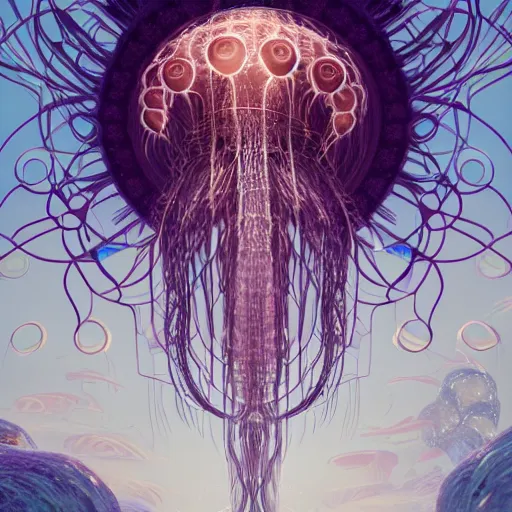 Image similar to goddess portrait. jellyfish phoenix head. intricate artwork by Tooth Wu and wlop and beeple. very coherent symmetrical artwork. cinematic, hyper realism, high detail, octane render, 8k