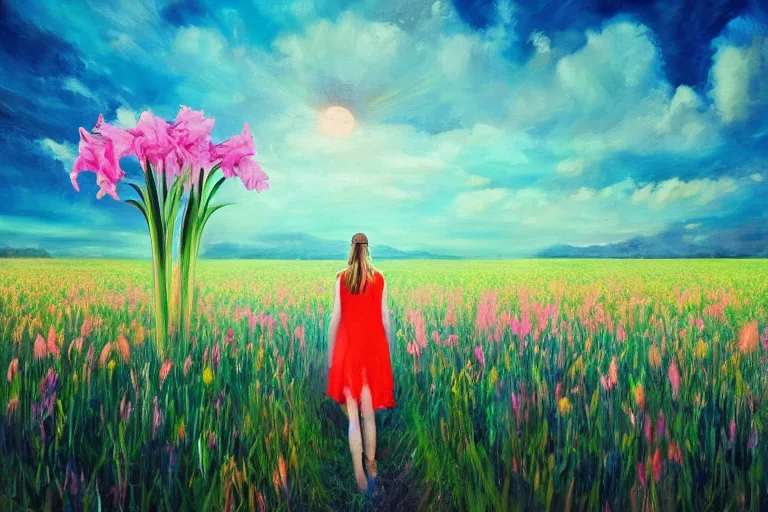 Image similar to giant gladiola head, girl walking in field of flowers, surreal photography, sunrise, blue sky, dramatic light, impressionist painting, digital painting, artstation, simon stalenhag