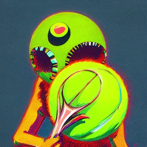 Prompt: a tennis ball monster ,tennis ball, colorful, digital art, fantasy, magic, trending on artstation, ultra detailed, professional illustration by Basil Gogos
