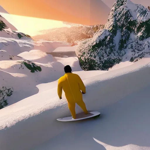 Prompt: man surfing a yellow surfboard down a snowy mountain, high quality digital art, unreal engine, cinematic lighting