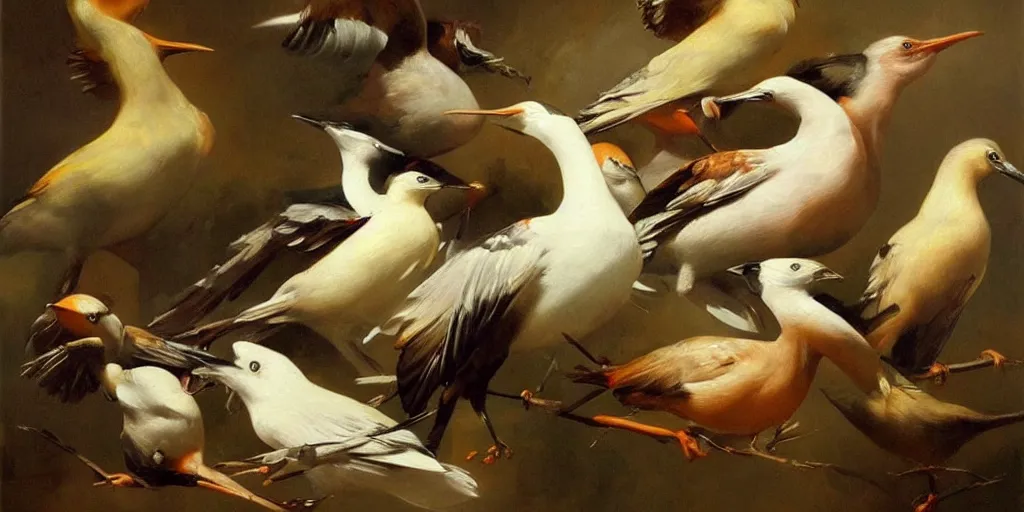 Image similar to highly detailed beautiful oil painting of birds, splash, sharp focus, dramatic, dynamic, lighting, elegant, harmony, beauty, masterpiece, by roberto ferri