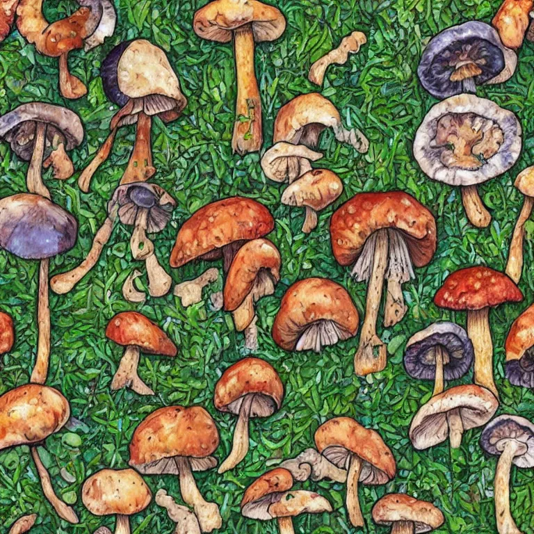 Prompt: a bunch of mushrooms that are on the ground, moss and leaves, a jigsaw puzzle by ursula wood, pinterest contest winner, ecological art, psychedelic, colorful, i can't believe how beautiful this is, seamless pattern, tiling texture