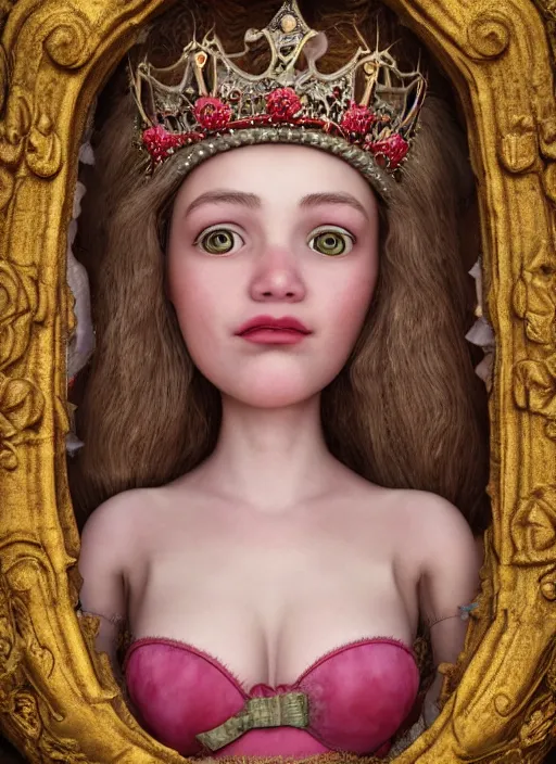 Image similar to cartoon closeup medieval robert crumb face portrait of a fairytale princess wearing a crown eating cakes in the castle, bikini, depth of field, zeiss lens, detailed and intricate environment, fashion photoshoot by nicoletta ceccoli, mark ryden, lostfish, breathtaking, 8 k resolution, extremely detailed, beautiful, establishing shot, artistic, hyperrealistic, octane render