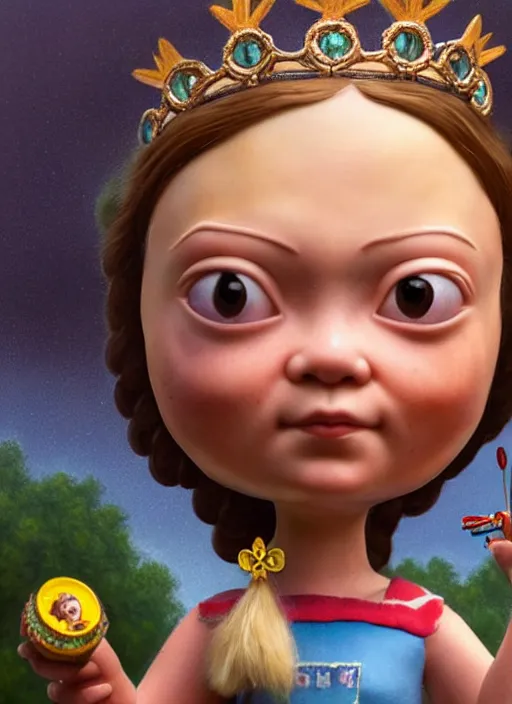 Image similar to highly detailed closeup, face profile portrait of greta thunberg as a tin toy fairytale princess wearing a crown eating cakes, bikini, unreal engine, nicoletta ceccoli, mark ryden, earl norem, lostfish, global illumination, detailed and intricate environment